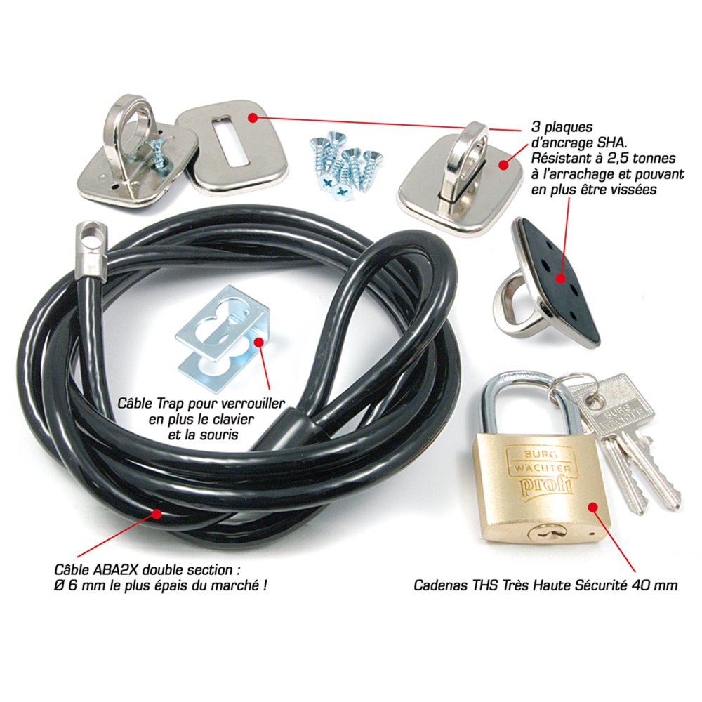 Antivol pc bureau très haute-sécurité : Le kit complet kit complet systeme antivol avec 3 plaques ancrages cable trap pour verouiller souris et clavier cable noir anti vol epais caden