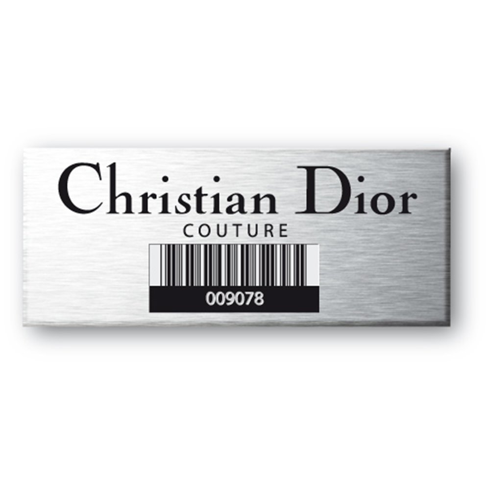 christian dior engraved on aluminium asset tag with barcode