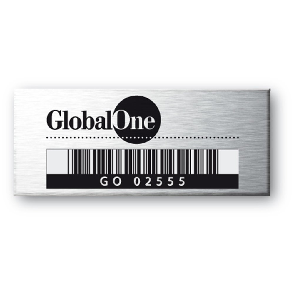 global one personnalised on aluminium asset tag with barcode en