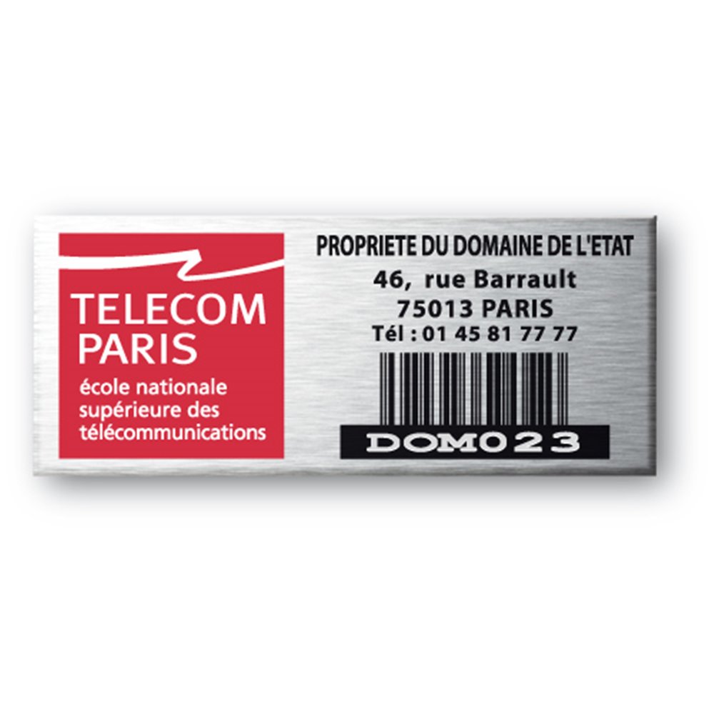 aluminium asset tag personnalised for telecom paris with barcode en