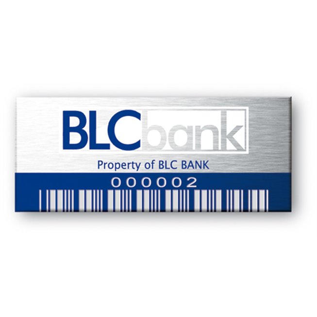 blc bank gravee sur etiquette aluminium avec code barre bleu
