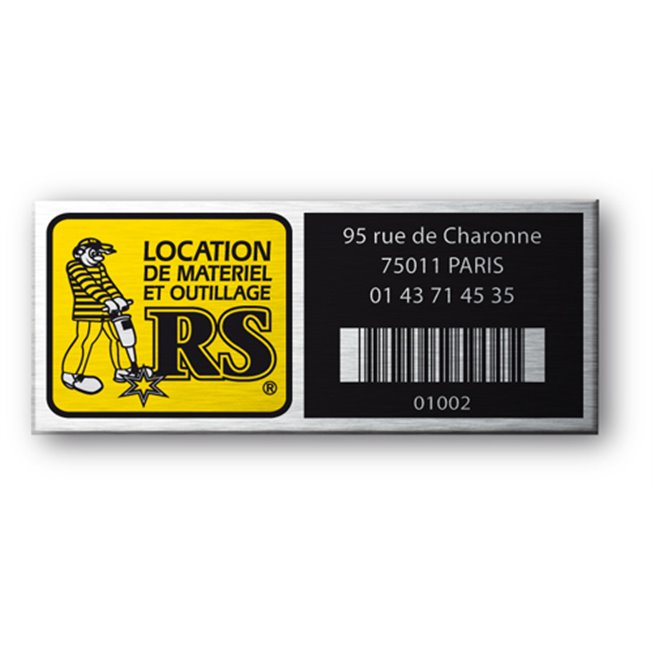 etiquette aluminium personnalisee logo jaune rs code barre sur fond noir