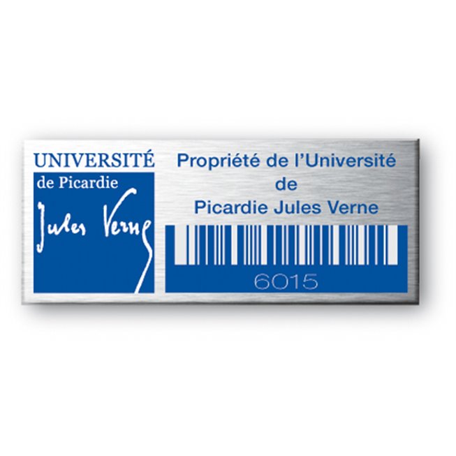 etiquette aluminium personnalisee en bleu pour universite picardie jules verne code barre