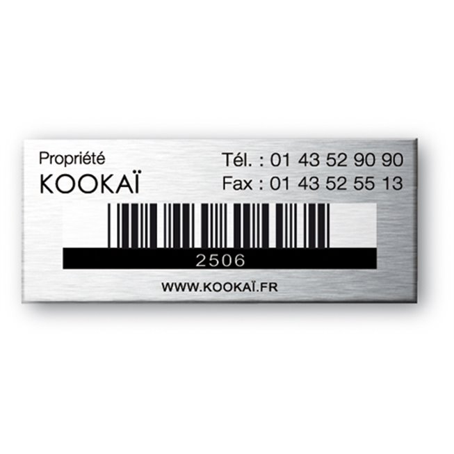 propriete kookai gravee sur etiquette aluminium souple avec code barre