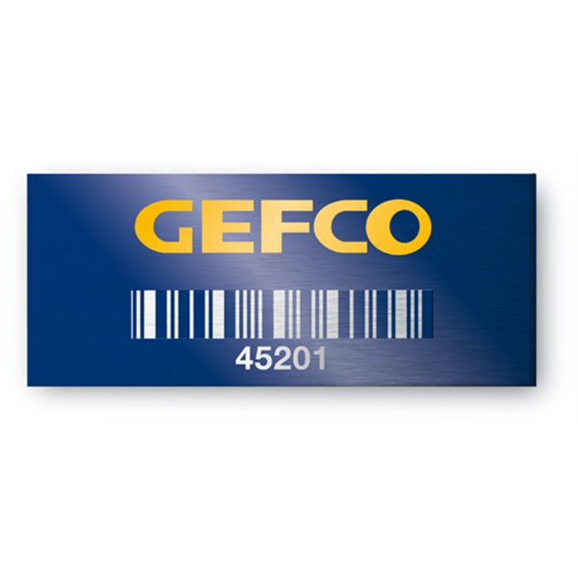 etiquette aluminium sur fond bleu pour entreprise gefco avec code barre