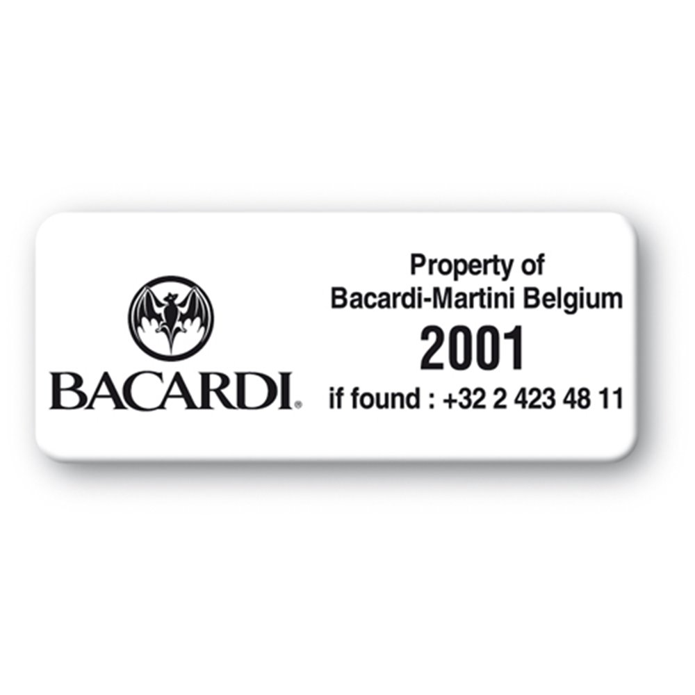 pre printed protected asset tag bacardi logo en