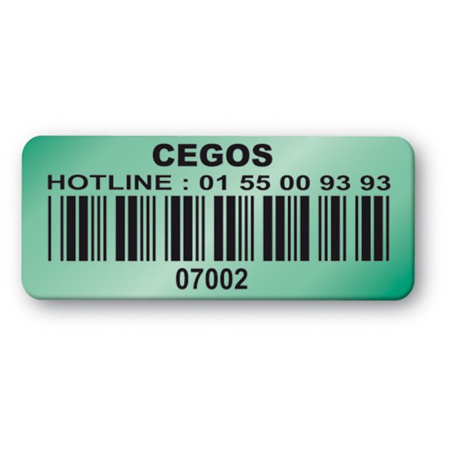 pre printed green background color asset tag cegos barcode en
