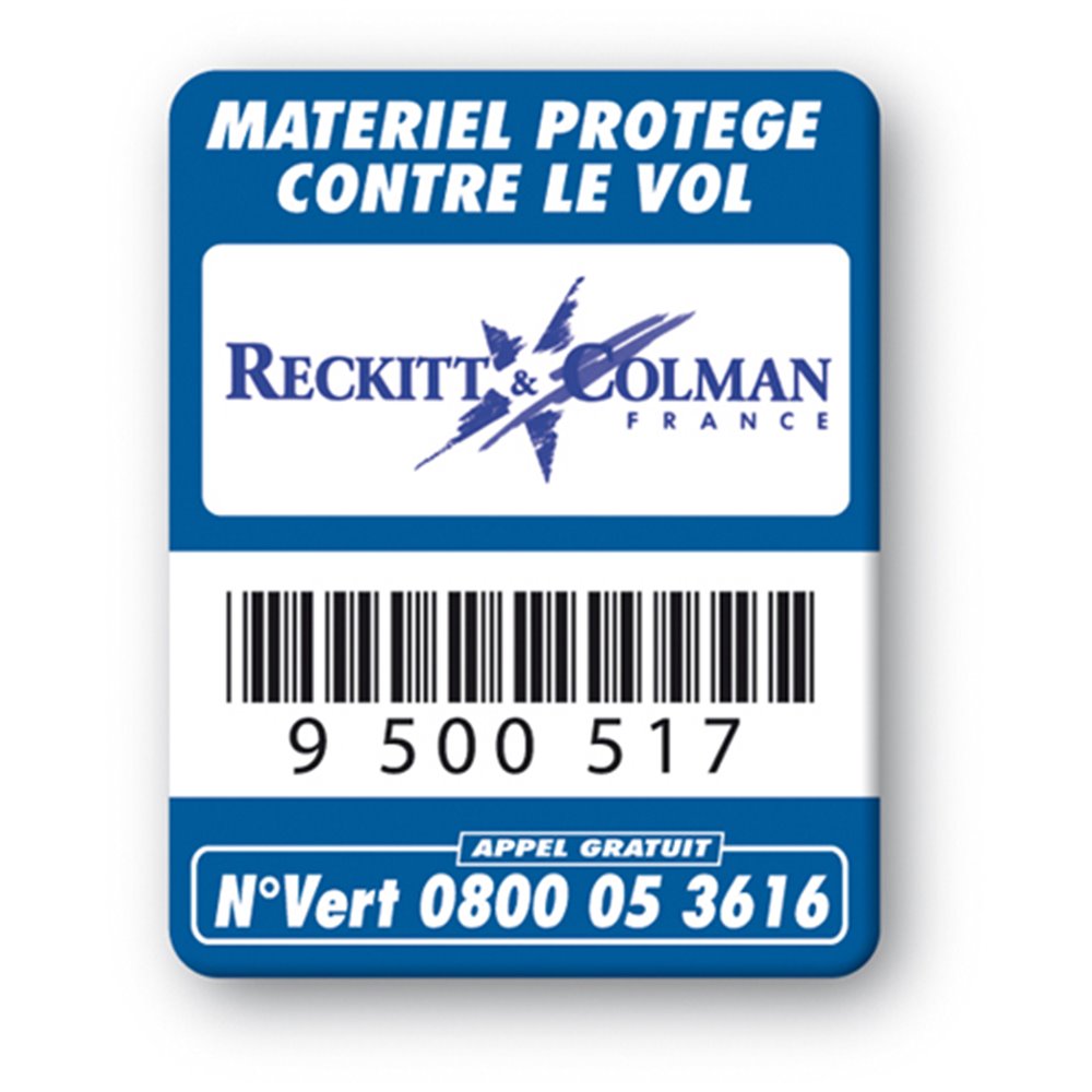 blue security tag reckitt & colman logo barcode en