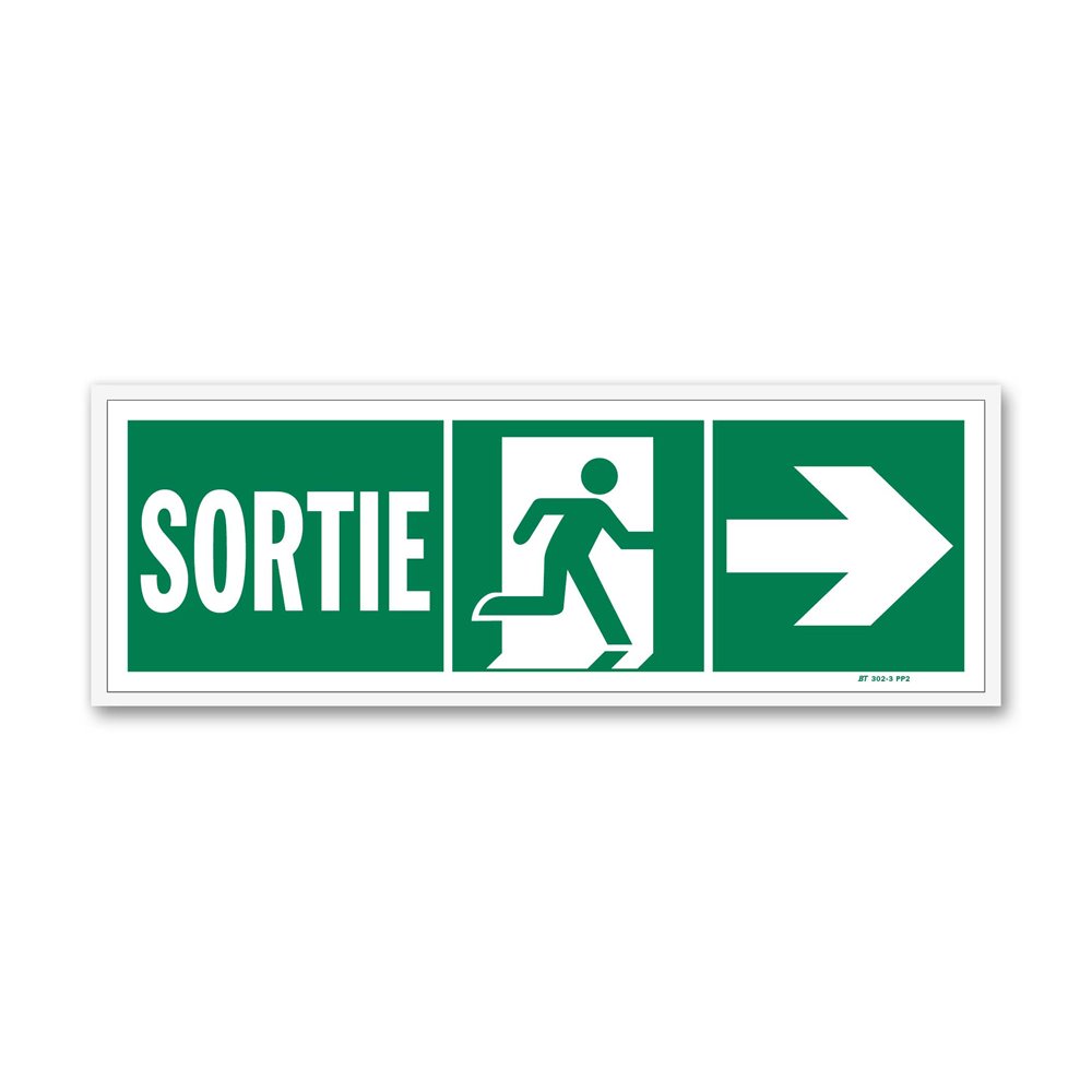 "Exit" evacuation sign + picto towards right door Panneau évacuation "sortie" + picto vers porte droite