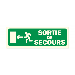 Panneau évacuation "sortie secours" + picto porte gauche photoluminescent