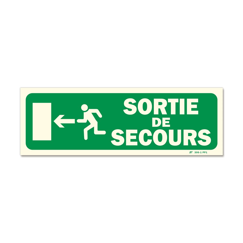 Panneau évacuation "sortie secours" + picto porte gauche photoluminescent Panneau évacuation "sortie secours" + picto porte gauche photoluminescent