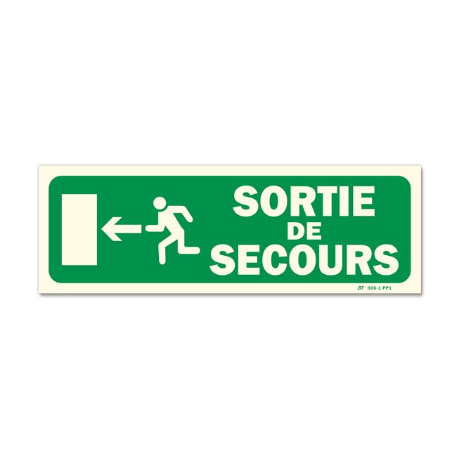 Panneau évacuation "sortie secours" + picto porte gauche photoluminescent