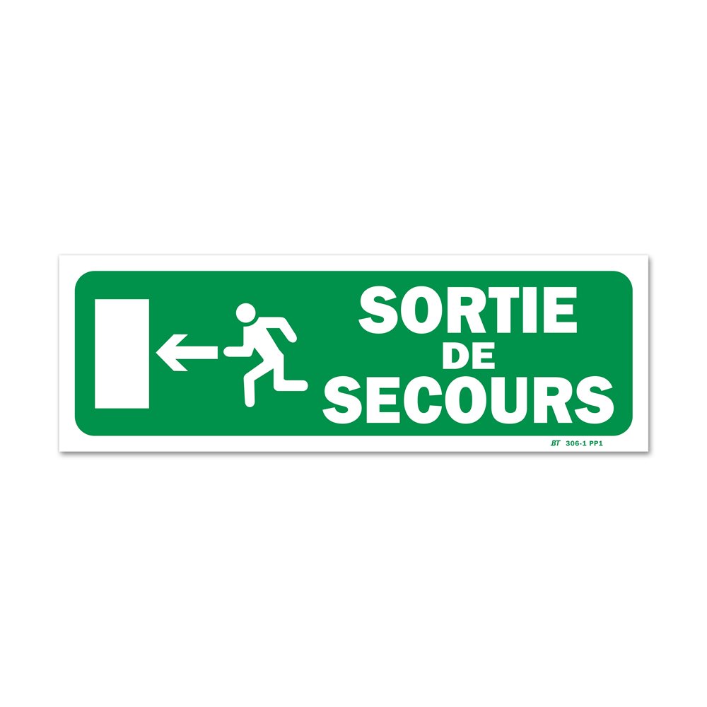 "Emergency exit" + left door picto evacuation sign Panneau évacuation "sortie secours" + picto porte gauche