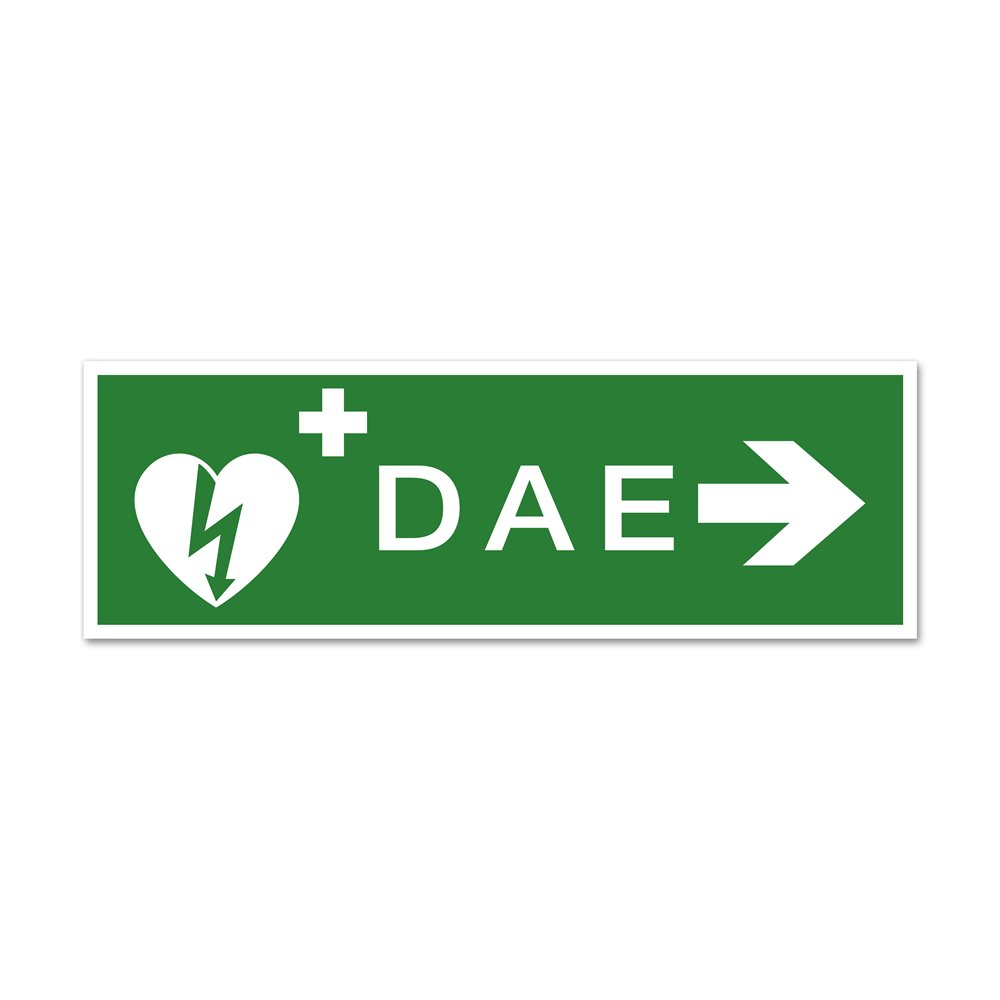 Evacuation sign with defibrillator picto EAD" right arrow Panneau évacuation picto défibrillateur "DAE" flèche droite