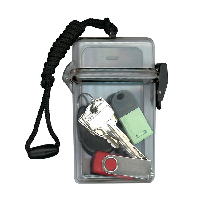 objets dans boitier vide poches etanche transparent avec cordon