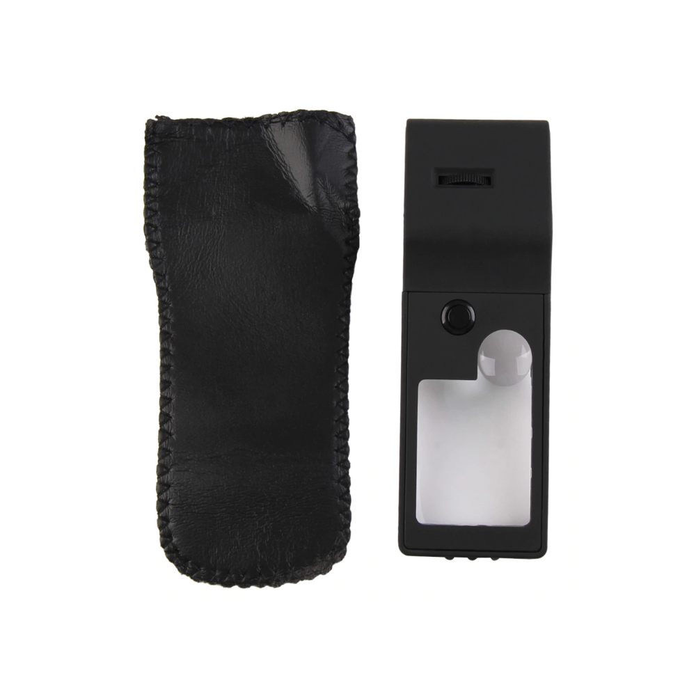 handheld pocket magnifying glass with UV lamp with leathercase