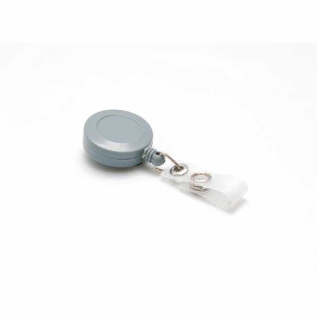 plastic solid color retractable reel for badge with clip in grey from the front plastic solid color retractable reel for badge with clip in grey from the front