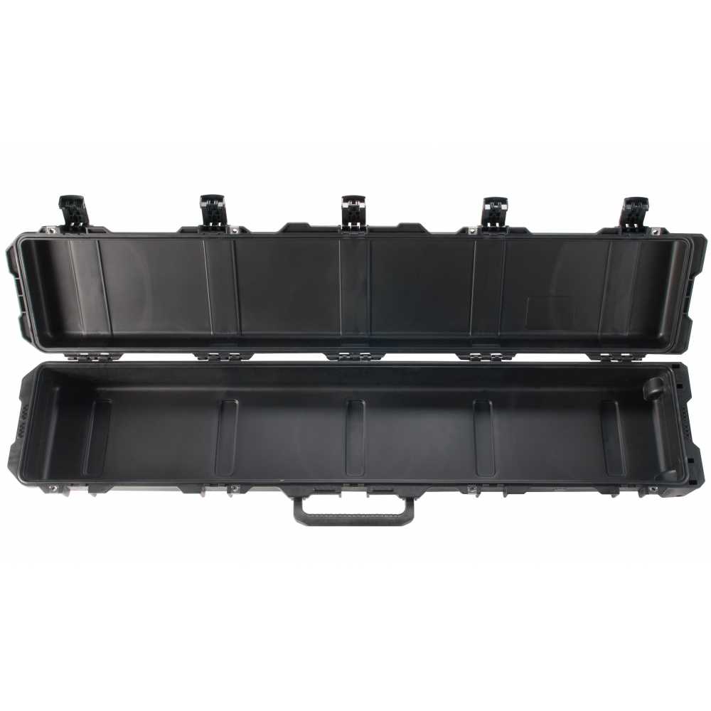 One hundred and thirty seven centimetre long empty secure carrying case seen from above