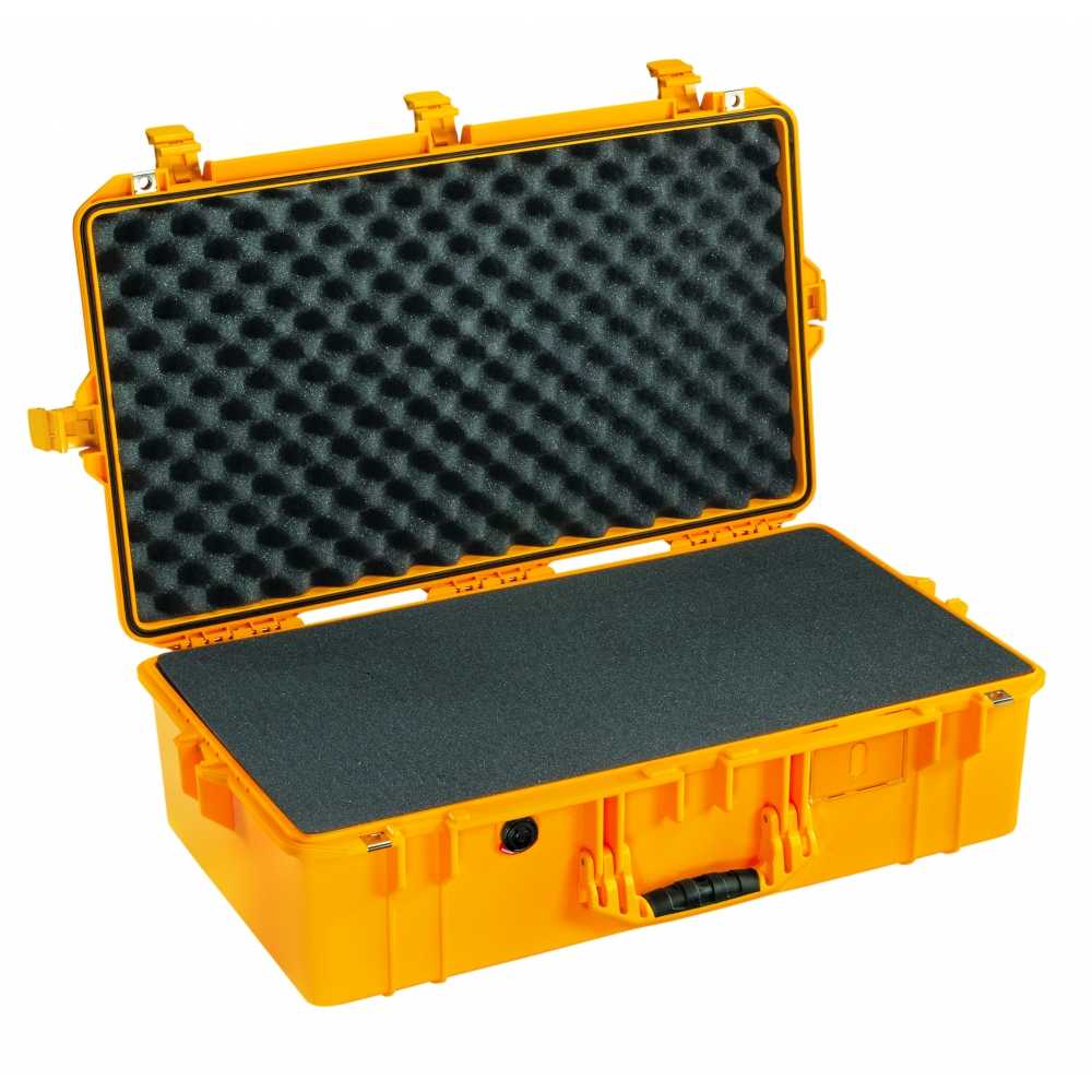 open safety transport case seventy-three centimetres long seen from above with foam yellow colour