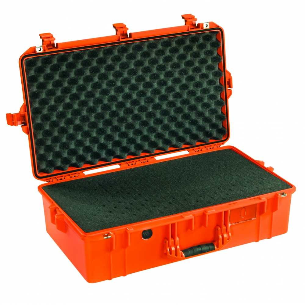 open safety transport case seventy-three centimetres long seen from above with foam orange colour