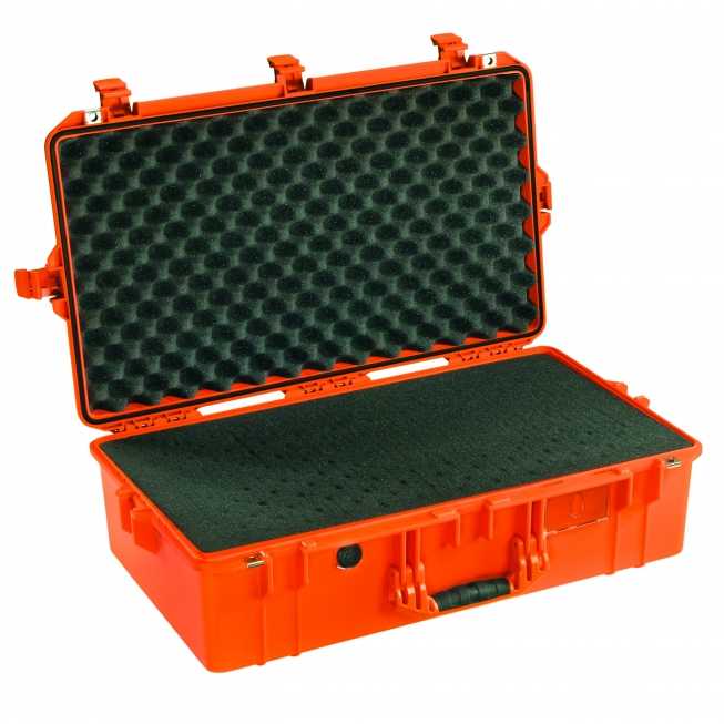 mallette transport securite ouverte soixante treize centimetre de long vue de haut avec mousse coloris orange