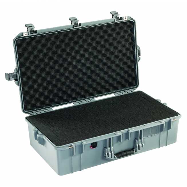 mallette transport securite ouverte soixante treize centimetre de long vue de haut avec mousse coloris gris argente