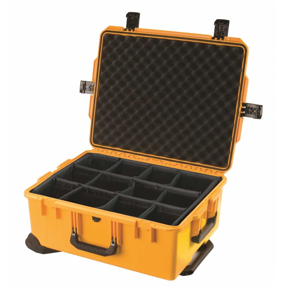 sixty two centimetre long open protective carrying case with yellow dividers