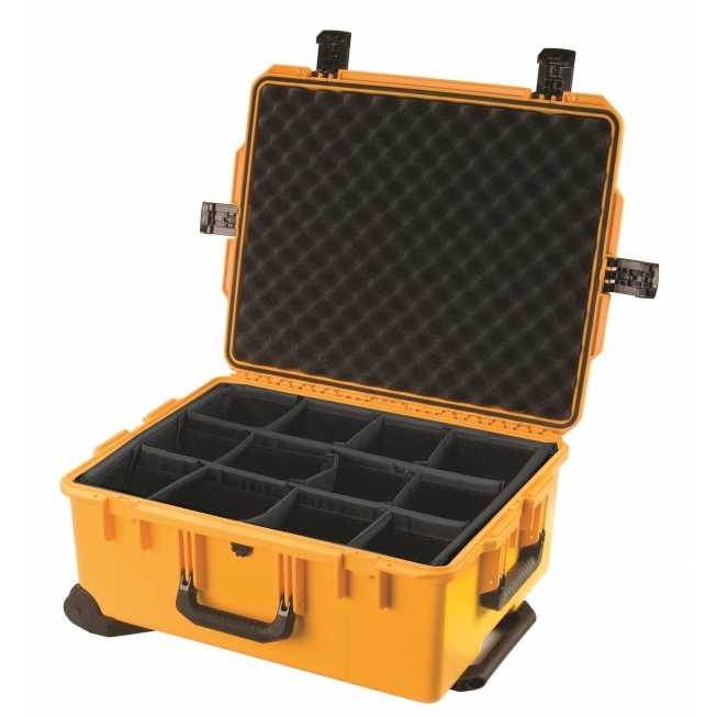sixty two centimetre long open protective carrying case with yellow dividers