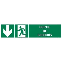 Panneau sortie de secours + picto + flèche gauche vers le bas - 1
