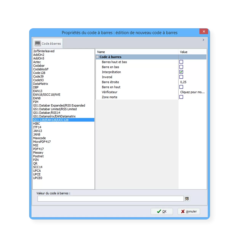 cablabel s3 pro logiciel liste codes barres disponibles