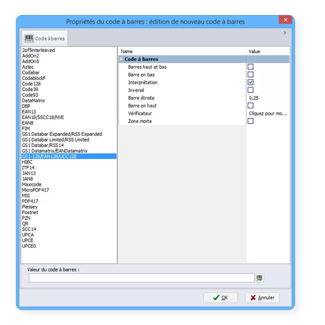 cablabel s3 pro logiciel liste codes barres disponibles