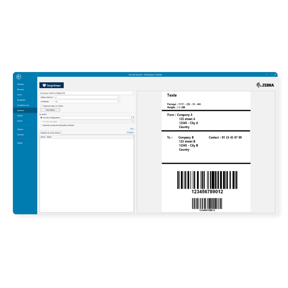 Interface Zebra designer pro