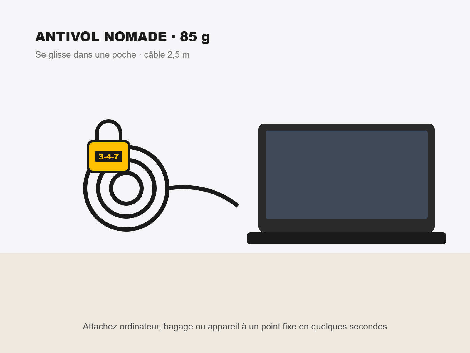 C&acirc;ble antivol &agrave; combinaison ultra-l&eacute;ger enroul&eacute; pr&egrave;s d'un ordinateur portable