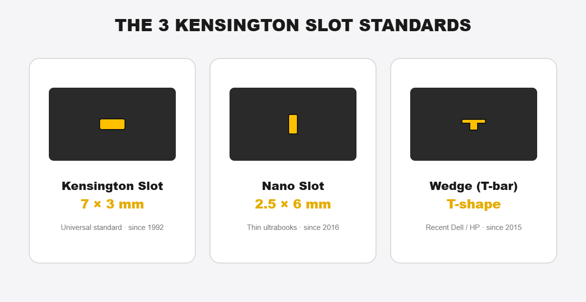 The three Kensington laptop security slot standards compared: Kensington Slot, Nano Slot and Wedge T-bar