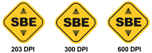 Pictogrammes SBE illustrant trois résolutions d’impression 203 300 et 600 dpi Alt text EN