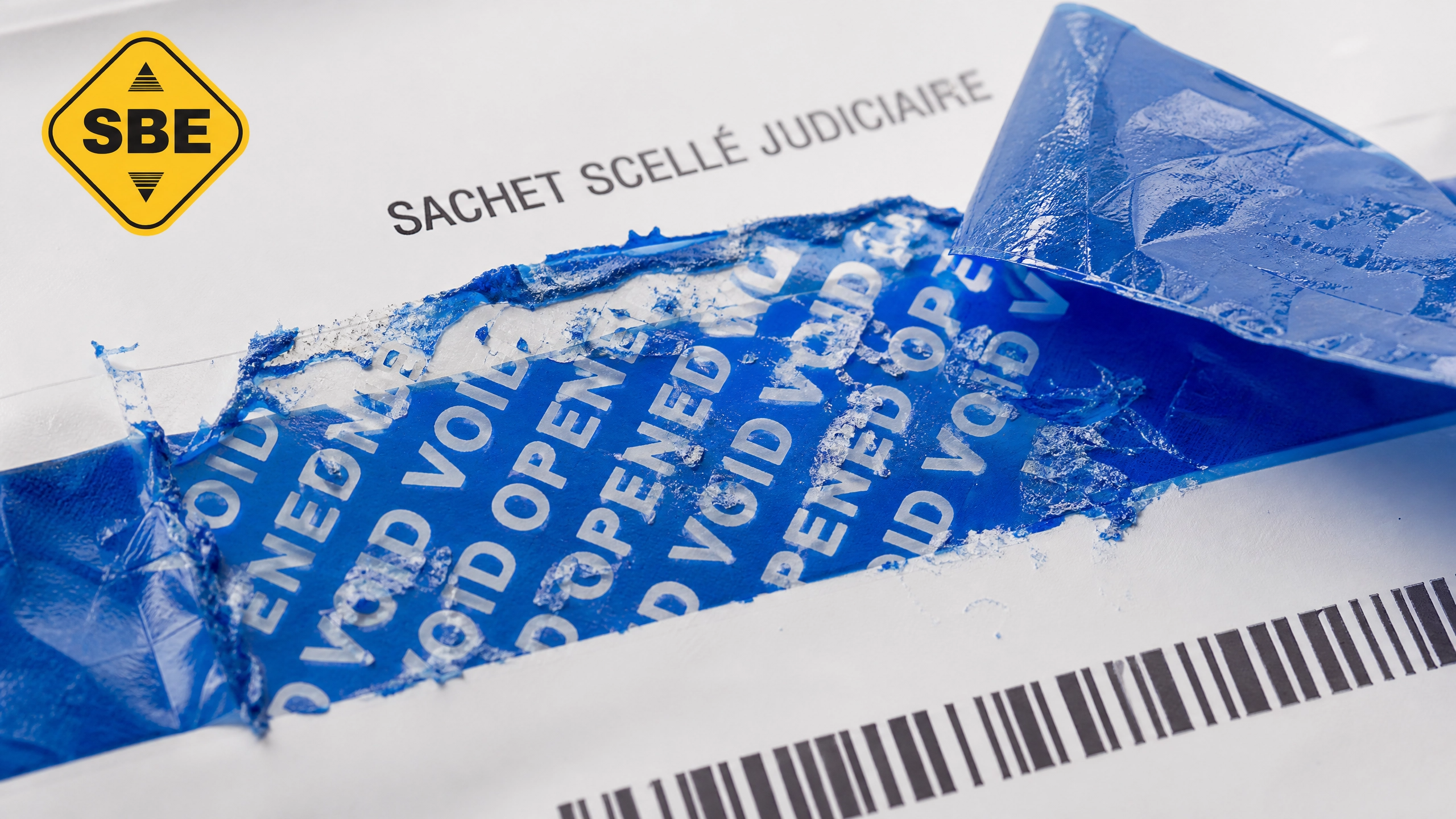 Bande adh&eacute;sive de scell&eacute; judiciaire arrach&eacute;e laissant appara&icirc;tre la trace VOID, preuve d'une tentative d'effraction