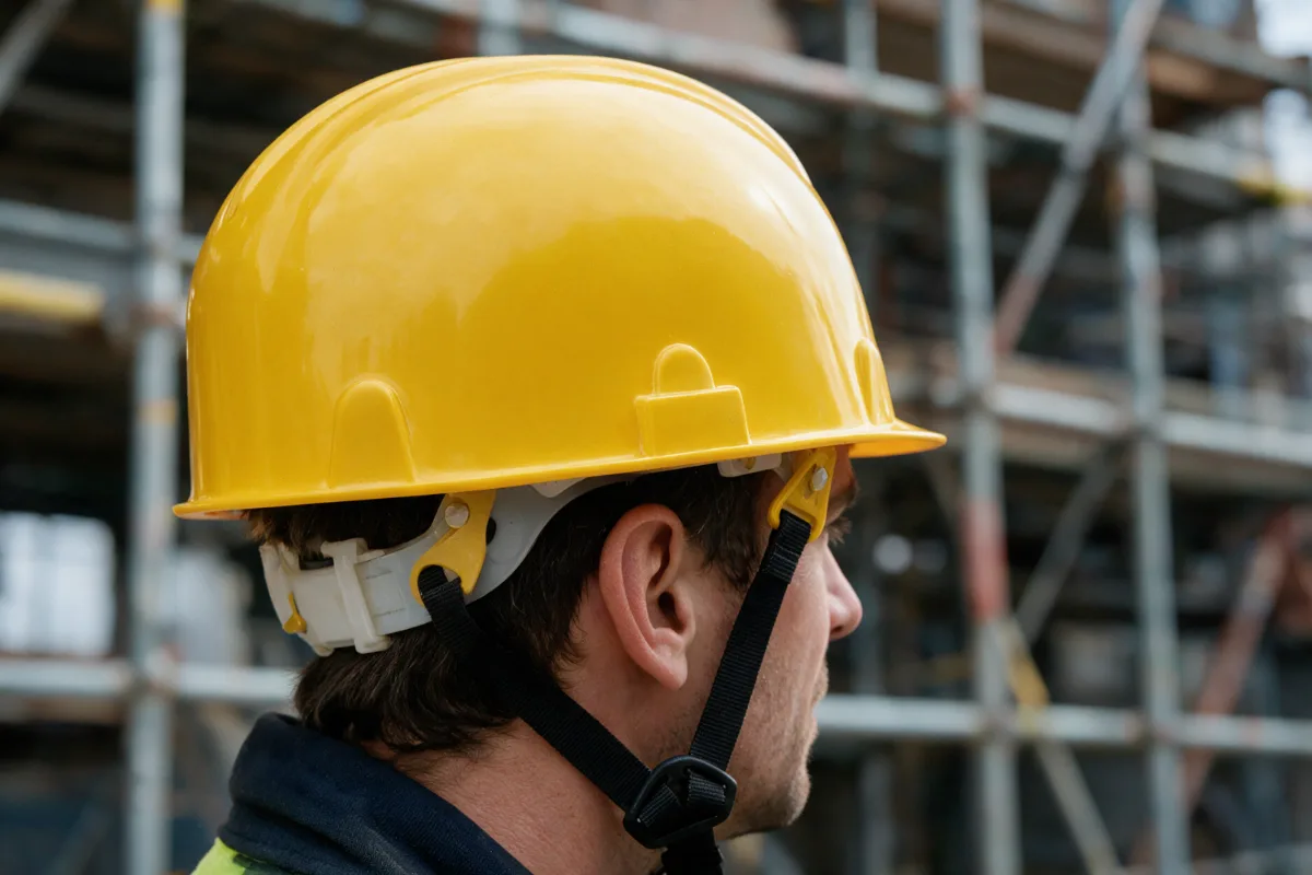 Un casque de s&eacute;curit&eacute; EN 397 port&eacute; sur un chantier
