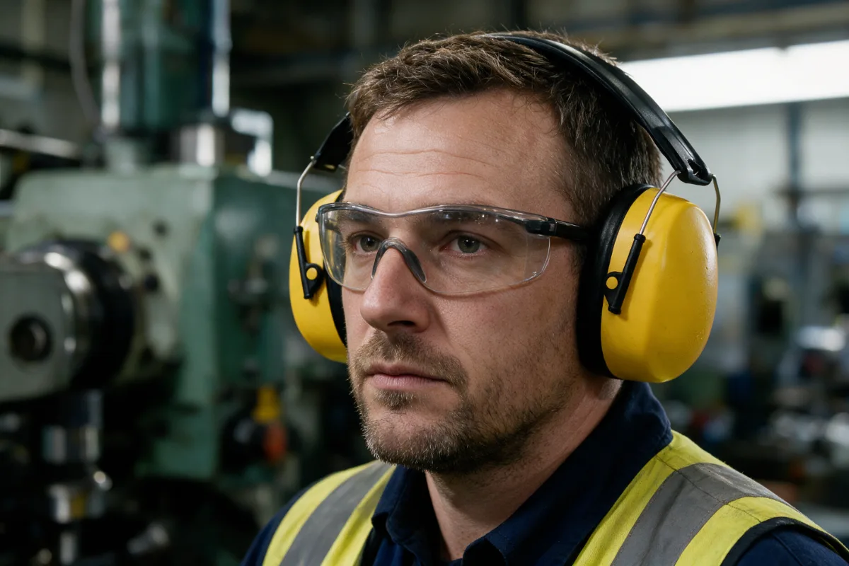 Casque anti-bruit port&eacute; sur une ligne de production, l&agrave; o&ugrave; le bruit ne peut pas &ecirc;tre r&eacute;duit &agrave; la source