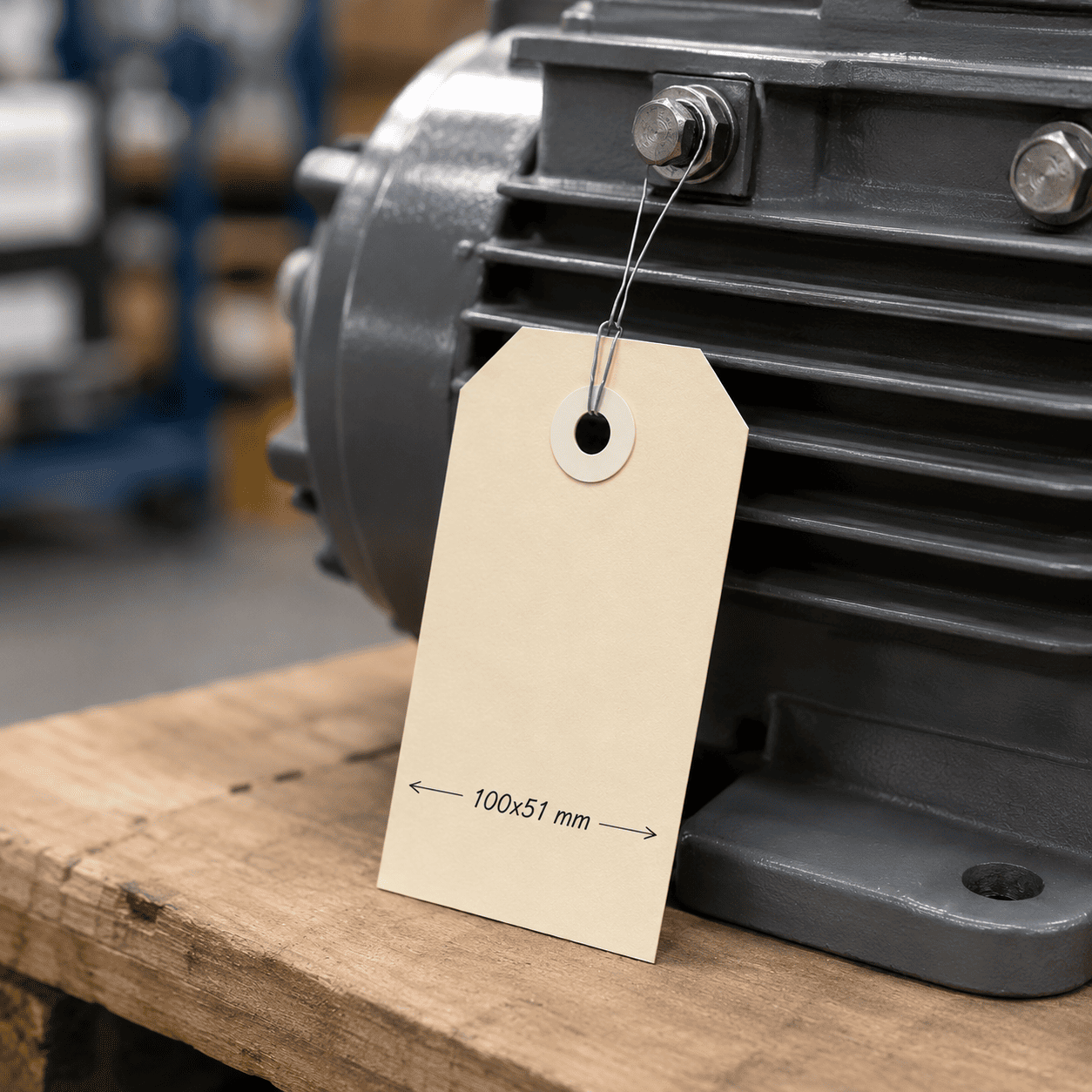 Blank American beige cardboard tag with eyelet and metal wire attached to an industrial motor