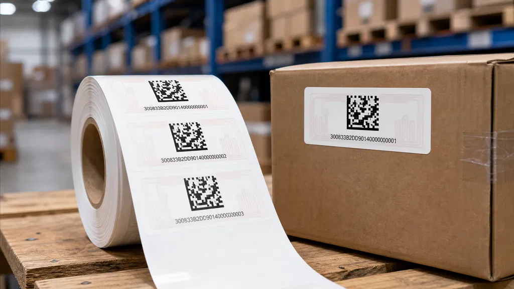 Rouleau d'&eacute;tiquettes RFID UHF et carton &eacute;tiquet&eacute; dans un entrep&ocirc;t logistique