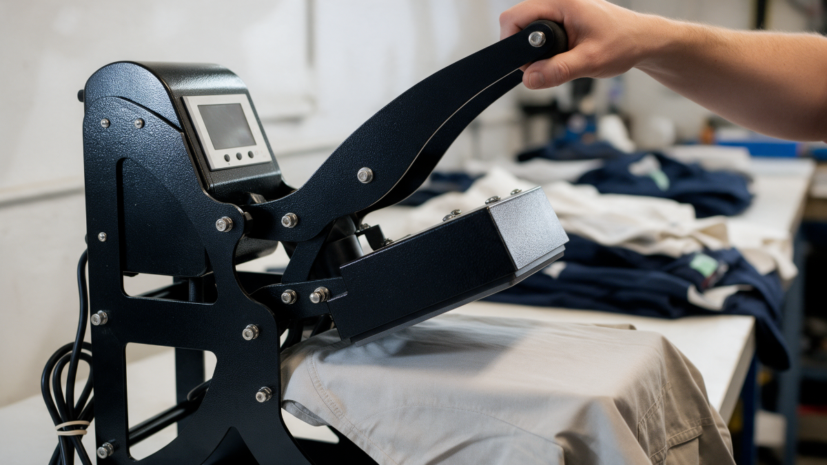 A heat press gives every item the same temperature and the same pressure, which an iron cannot guarantee in series.