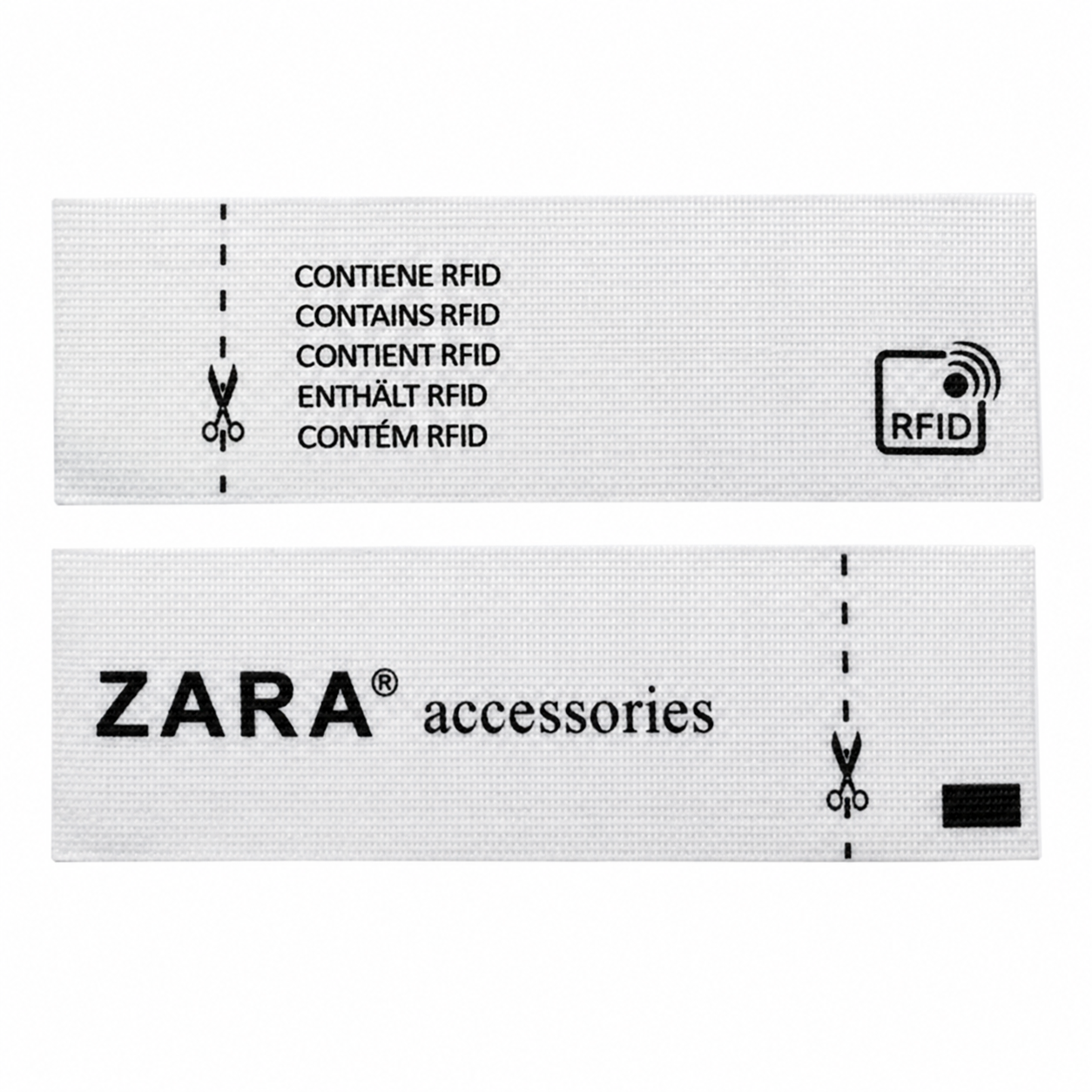 Zara accessories RFID label: textile hangtag with an embedded UHF RFID chip for identification and anti-theft
