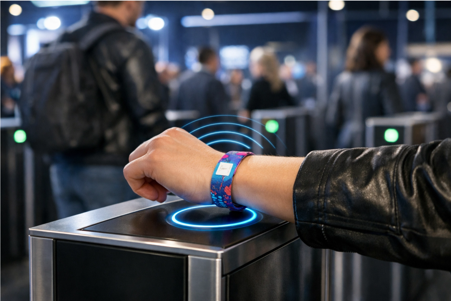 Attendee scanning UHF RFID wristband at event entrance for access control and cashless payment