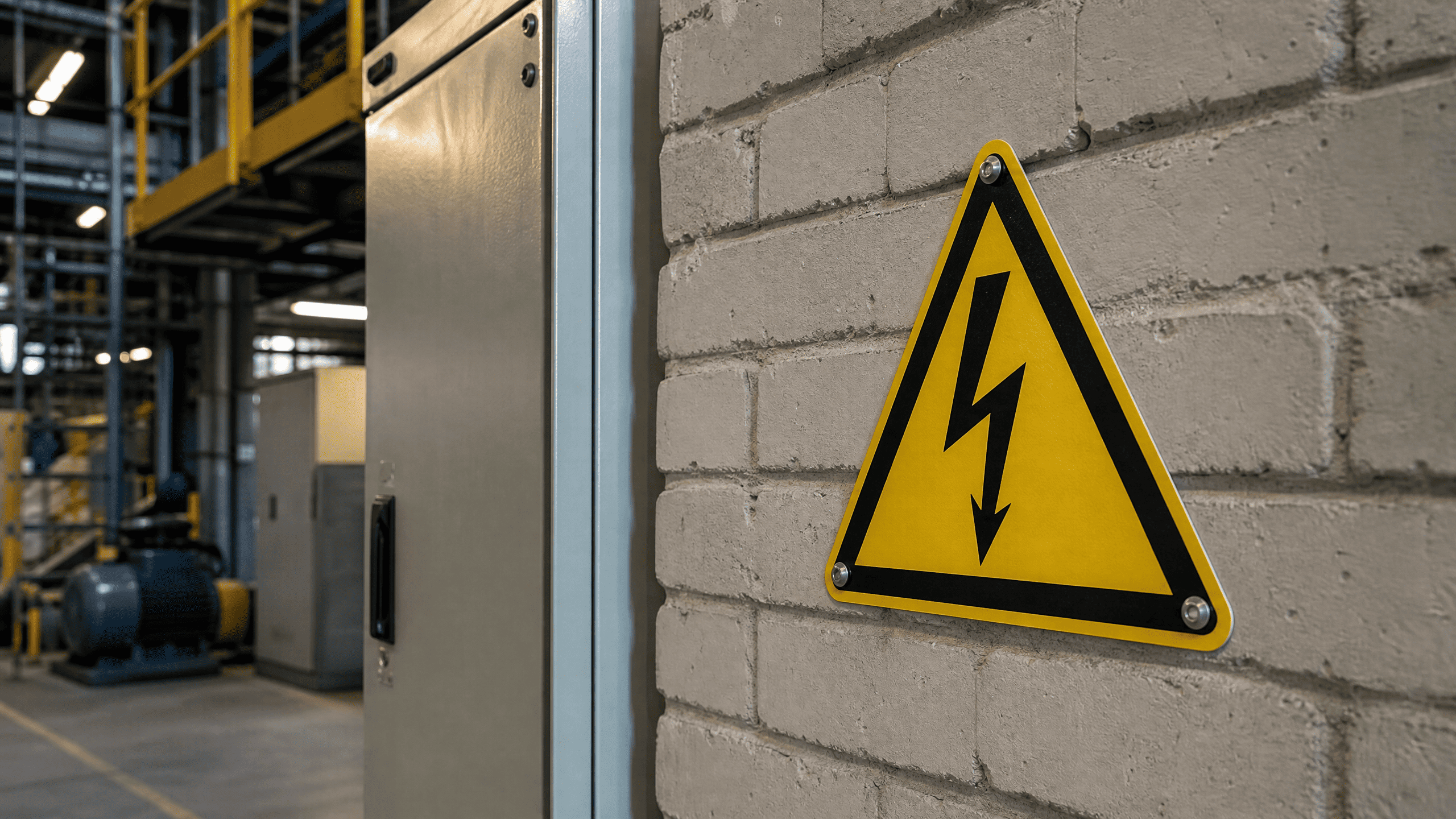 Panneau danger permanent fixé près d’une armoire électrique pour signaler une zone à risque constant