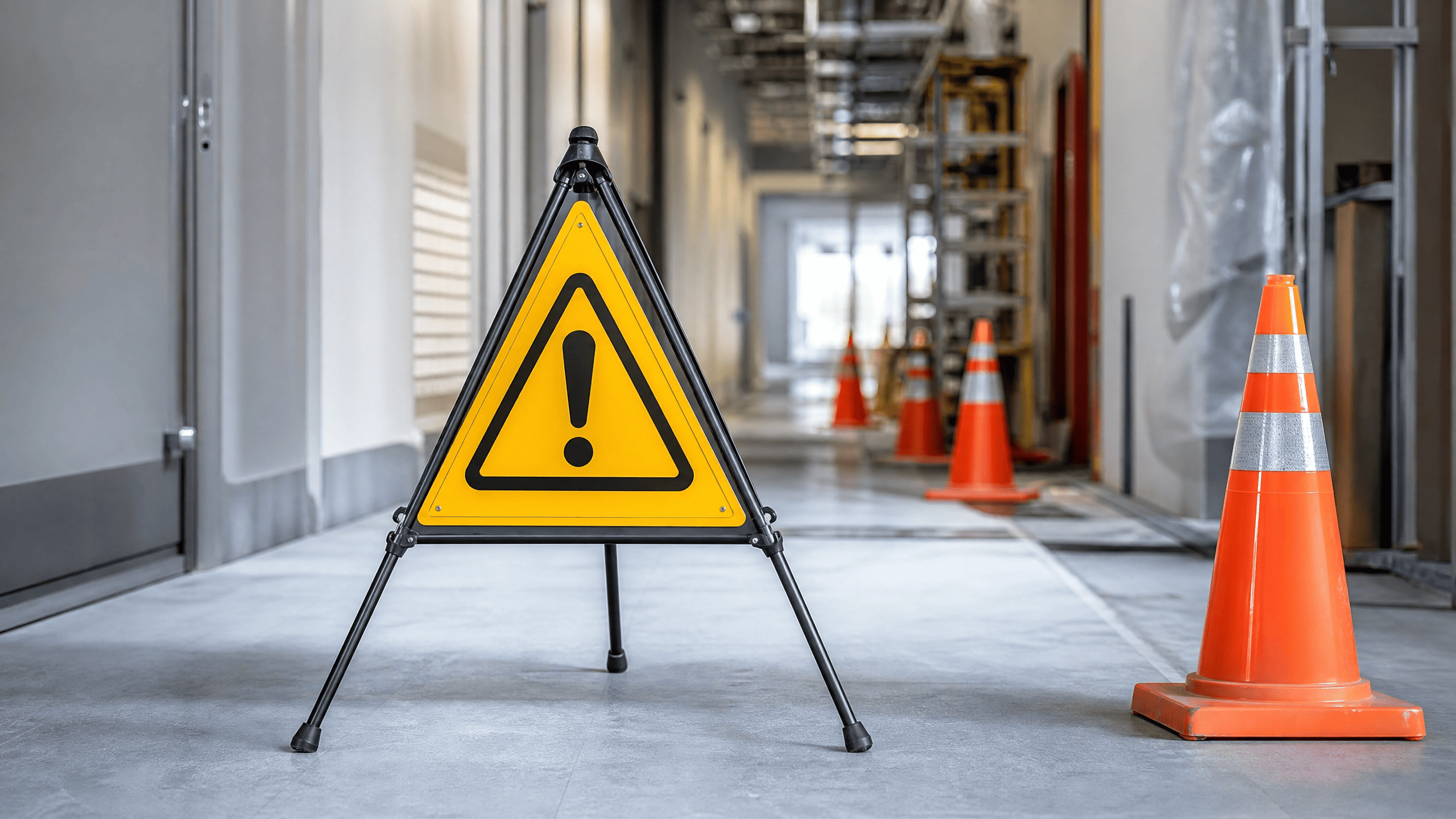 Panneau danger temporaire posé sur un chantier pour avertir des risques ponctuels liés aux travaux et à la maintenance