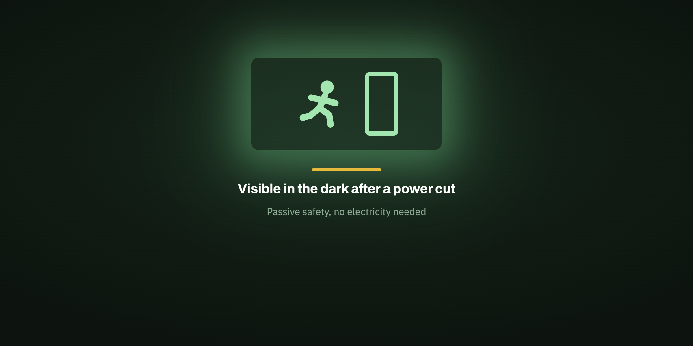 Photoluminescent pictogram sign pointing to a door on the right; visible in the dark following a power outage.