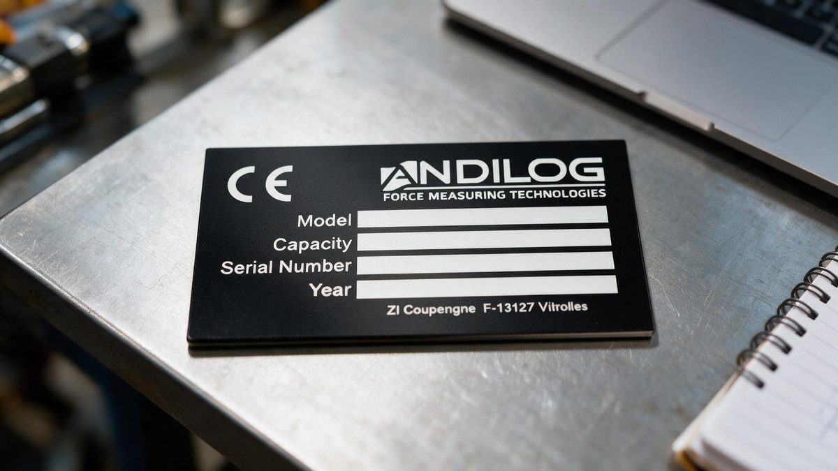 Black aluminium conformity plate with CE marking, model, capacity and serial number Black aluminium conformity plate with CE marking, model, capacity and serial number