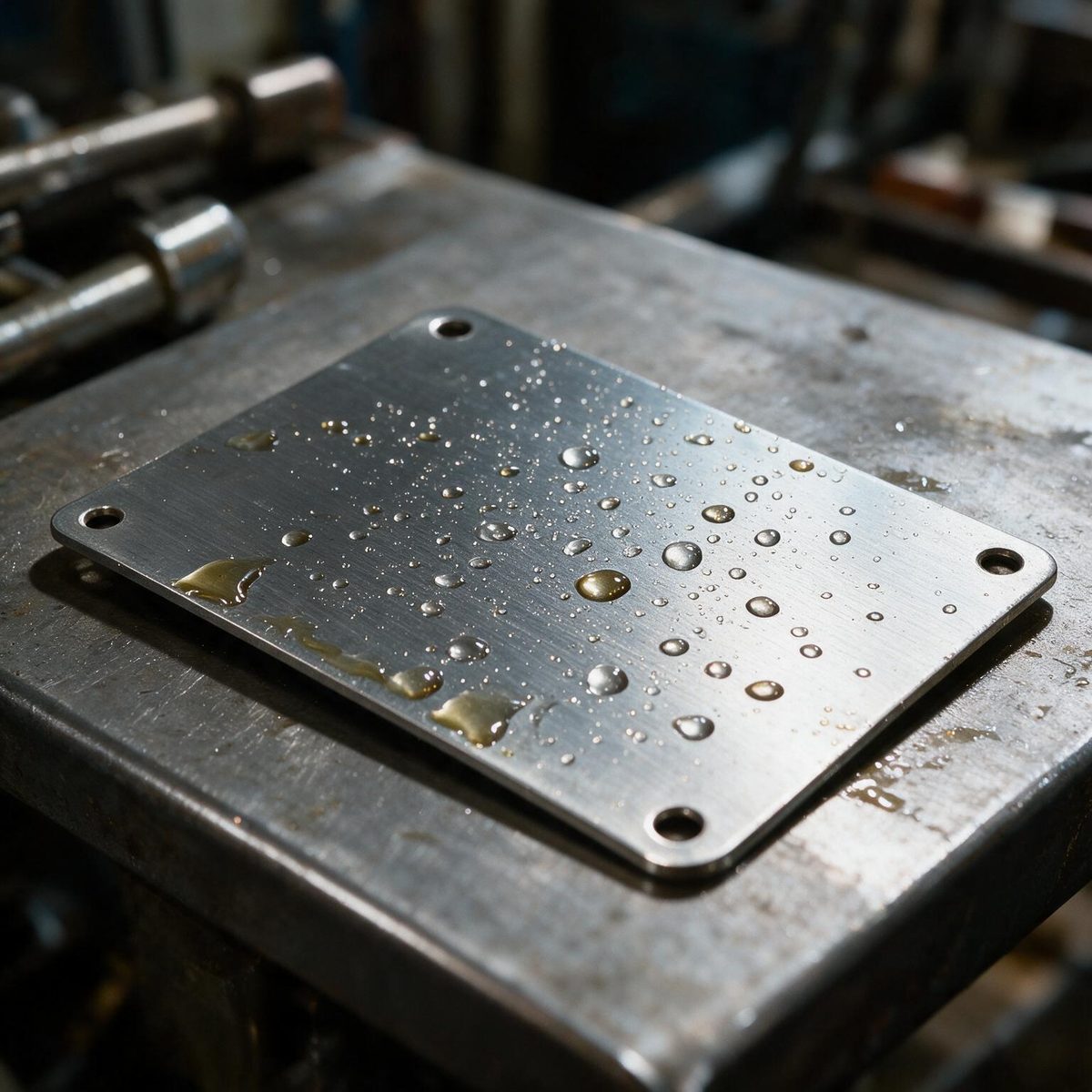 Aluminium nameplate resistant to oils and solvents in an industrial workshop Aluminium nameplate resistant to oils and solvents in an industrial workshop