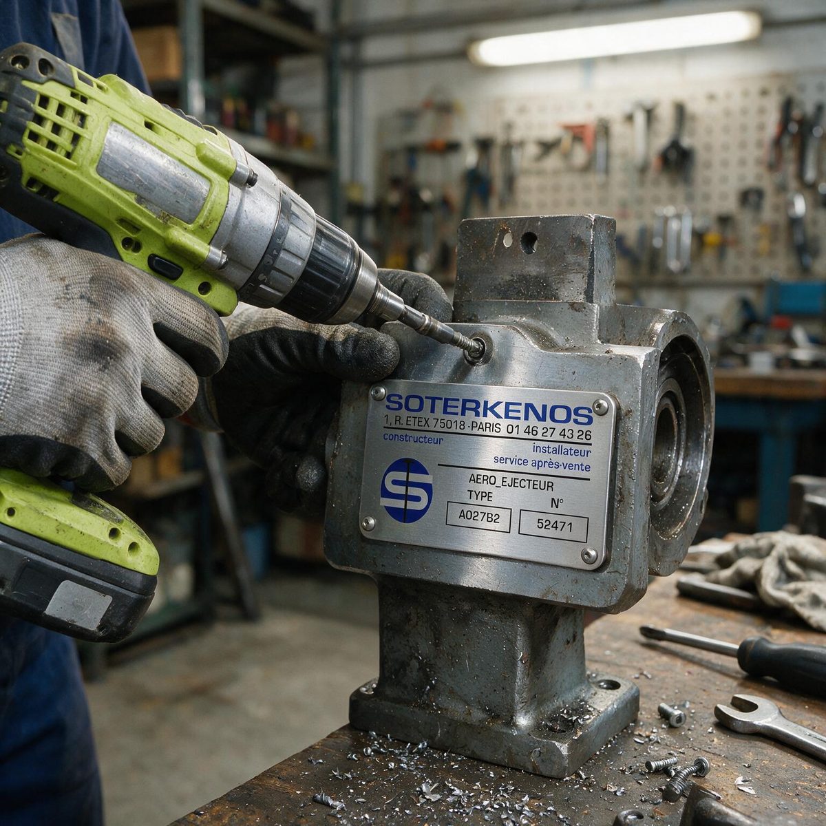 Screwing a drilled aluminium nameplate onto a machine Screwing a drilled aluminium nameplate onto a machine