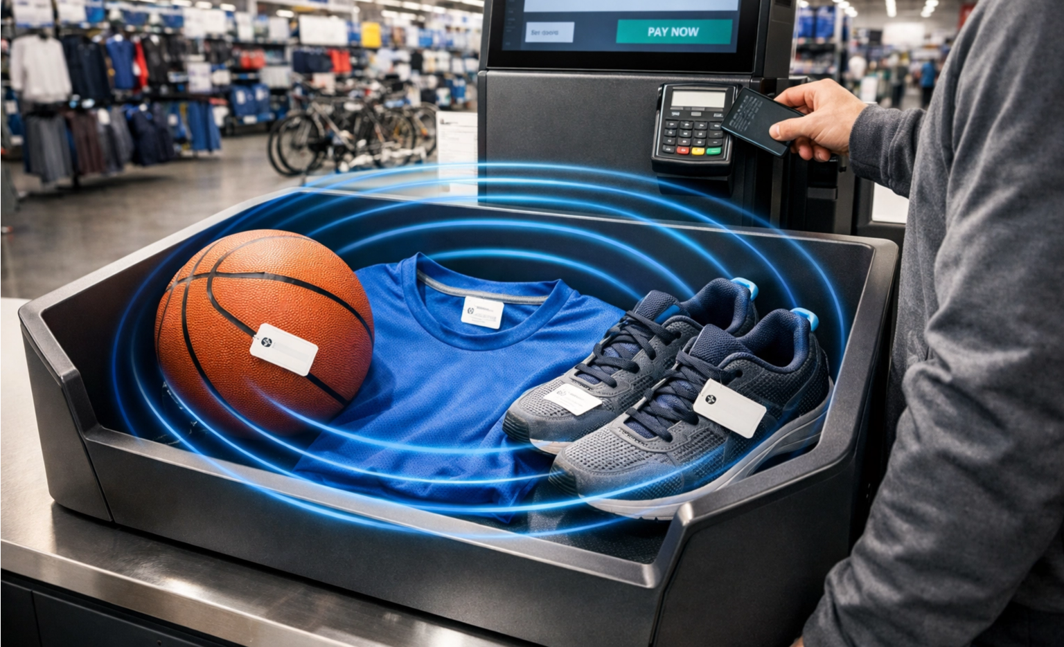 staff performing real-time stock inventory using UHF RFID technology in-store